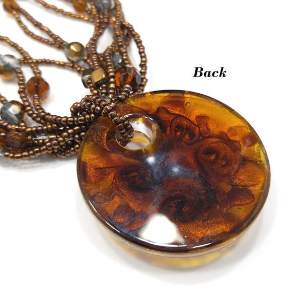 Murano Glass Pendant Beaded Necklace, Bronze Copper Glass, Seed Beads - Picture 8 of 10